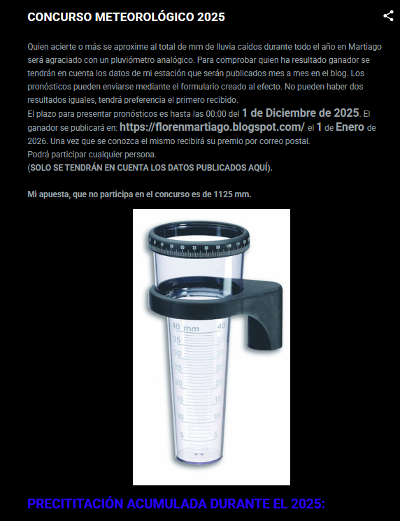 MartiagoNatural's tweet photo. CONCURSO METEOROLÓGICO 2025
Quien acierte o más se aproxime al total de mm de lluvia caídos durante todo el año en Martiago será agraciado con un pluviómetro analógico. 
https://t.co/DCaewIh0Ma https://t.co/x8mxeH5mhT