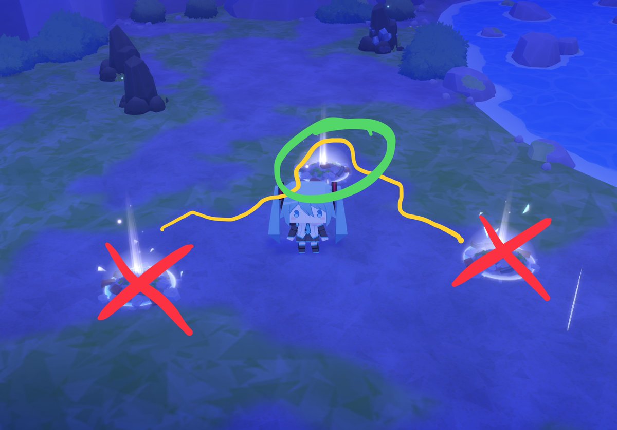 JoonKenPon's tweet photo. Proseka MySekai Rare Item spawn points
(Zone 4) (4 Spots)
Green Circle = Rare Item
Red X = Not Rare Item
Yellow lines = How I make sure it's the right one and not the red Xs, because sometimes the extra spawns are not there to differentiate.

#プロセカ https://t.co/DXxm56bTym