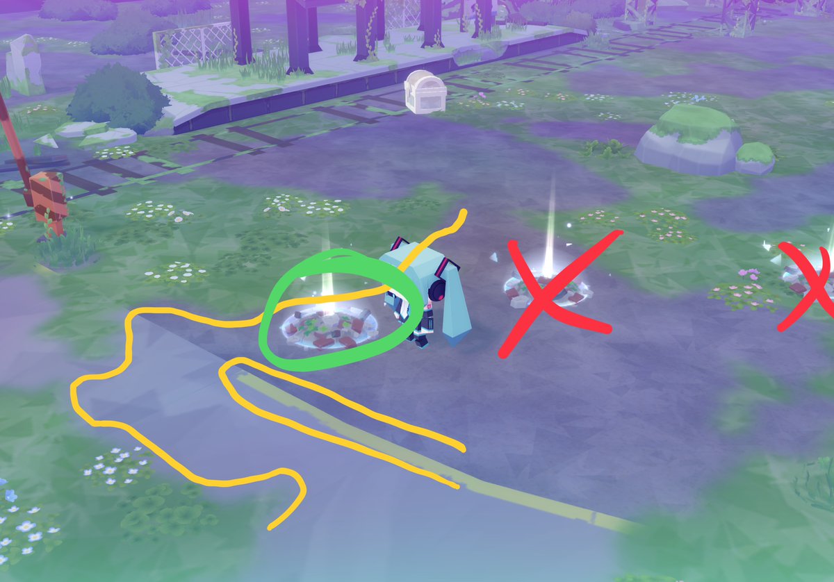JoonKenPon's tweet photo. Proseka MySekai Rare Item spawn points
(Zone 4) (4 Spots)
Green Circle = Rare Item
Red X = Not Rare Item
Yellow lines = How I make sure it's the right one and not the red Xs, because sometimes the extra spawns are not there to differentiate.

#プロセカ https://t.co/DXxm56bTym