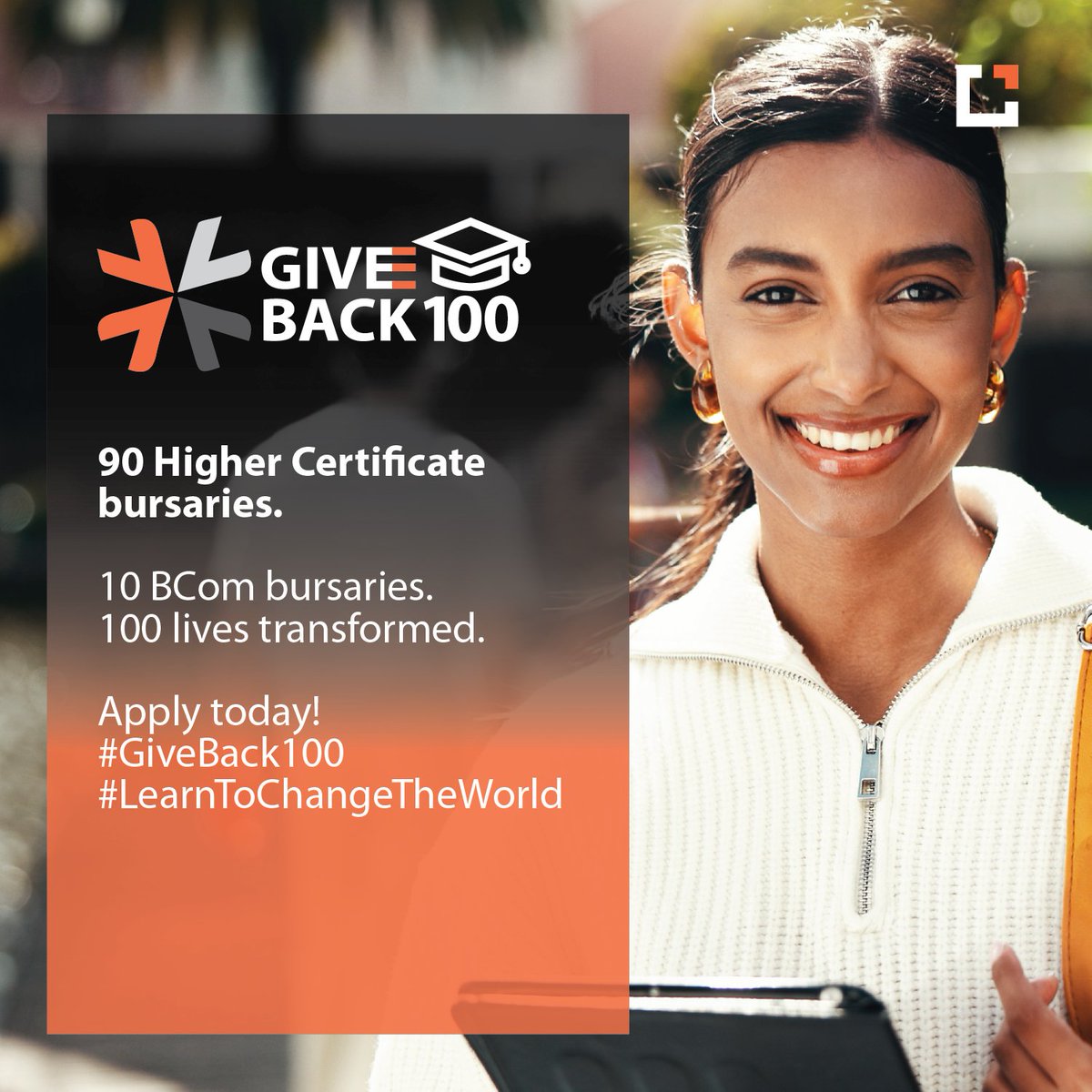 Cornerstone_CPT's tweet image. 100 chances, 100 stories waiting to be written.
Cornerstone Institute’s Give Back 100 bursary is about unlocking potential and giving education back to those who will use it to make a difference.

Ready to become one of the 100?

Apply now: eu1.hubs.ly/H0pdzCM0

#Giveback100