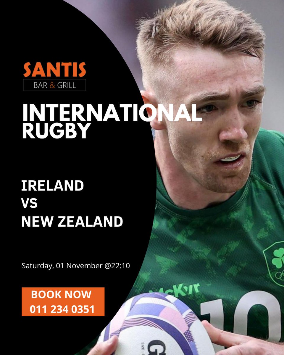 SantisBarGrill's tweet image. 🏉🇮🇪Ireland vs New Zealand🇳🇿
Saturday 1 Nov — Ireland take on the mighty All Blacks🏉! Catch every tackle and try at Santis📺with great food🍔, drinks🍺, and electric rugby vibes all around!
📍Bookings essential – call📞011 234 0351
#GameDayEats #SantisBarAndGrill #webchanges