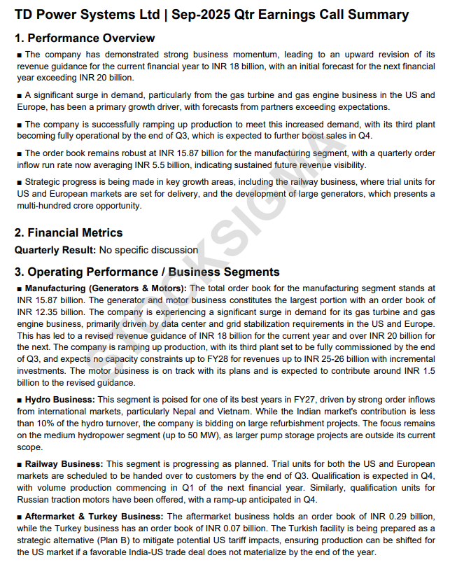 myAlerts_in's tweet image. #TDPOWERSYS #TDPOWERSYSQ2 TD Power Systems Ltd Q2FY26 Earnings Concall Summary
