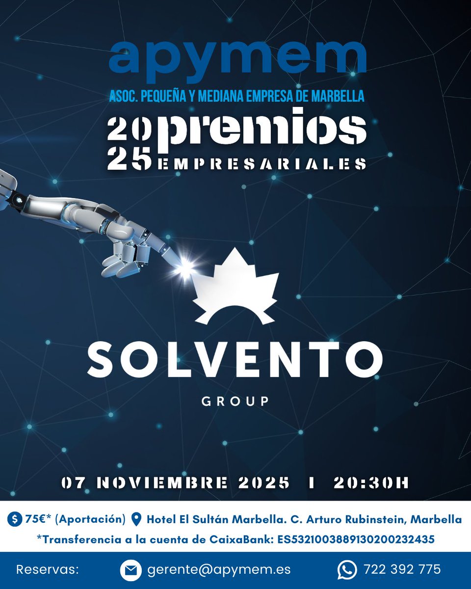 Apymem's tweet image. 🚀 Hoy desvelamos el apoyo de un grupo que es parte del ADN de Marbella: SOLVENTO GROUP.

SOLVENTO GROUP es una entidad jurídica que forma parte de un grupo familiar con más de 60 años de historia. 

¡Su compromiso impulsa la excelencia! 🏆