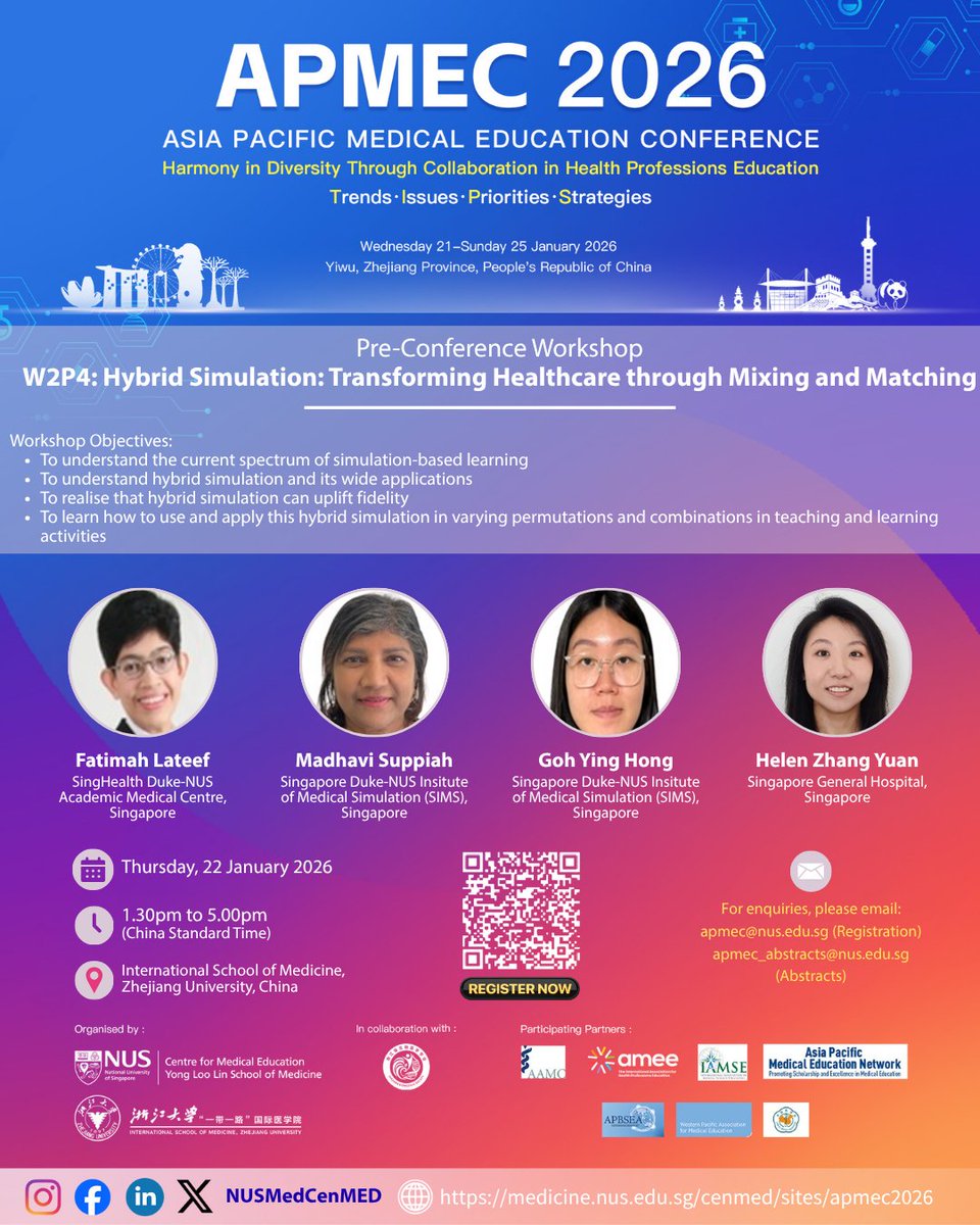 W1P2 (Mandarin) - Boost your interdisciplinary clinical reasoning through hands-on consultation case-based learning!
📅 21 Jan 2026 | 🕐 1.30–5.00pm

W2P4 - Discover how hybrid simulation can elevate healthcare training and learning experiences!
📅 22 Jan 2026 | 🕐 1.30–5.00pm