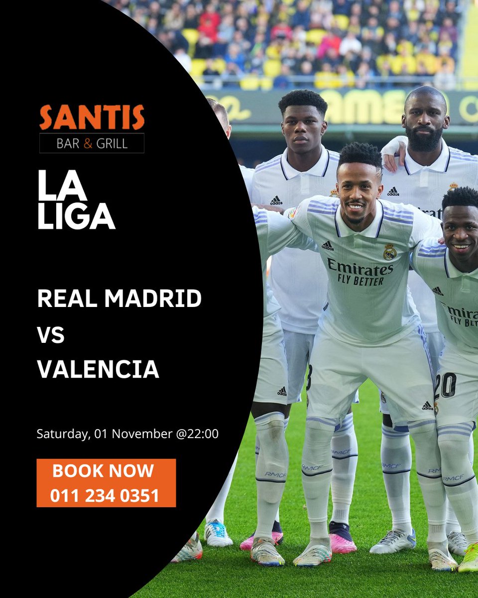 SantisBarGrill's tweet image. ⚽🇪🇸Real Madrid vs Valencia🇪🇸⚽
Saturday 1 Nov @ 22:00 — It’s La Liga football under the lights🌙🔥! Catch Real Madrid vs Valencia live at Santis with snacks🍟, platters🍗, and cold draughts🍺!
📍Bookings essential – call📞011 234 0351
#SantisBarAndGrill #webchanges