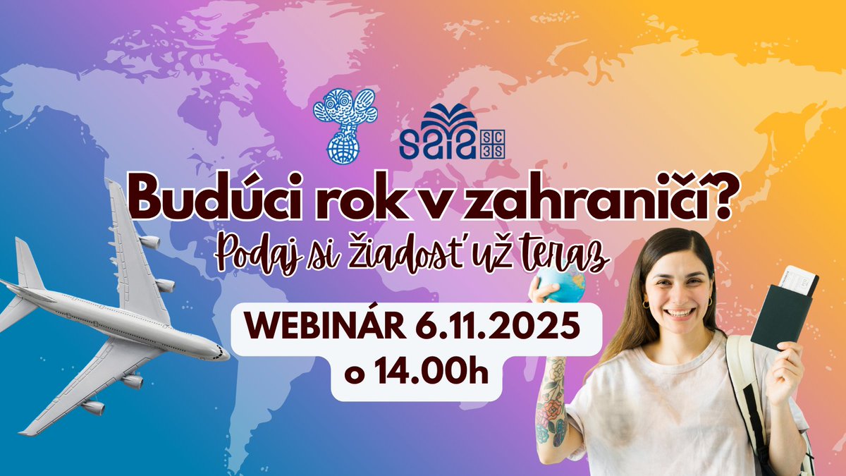 ✈️ Chceš stráviť budúci rok v zahraničí?
Podaj si žiadosť cez SAIA v programe AKADEMICKÉ MOBILITY a získaj štipendium do viac ako 🌍 20 krajín!
📅 6. 11. 2025 o 14:00 h
🔗 rb.gy/24h5yg
#SAIA #Stipendium #Mobilita
