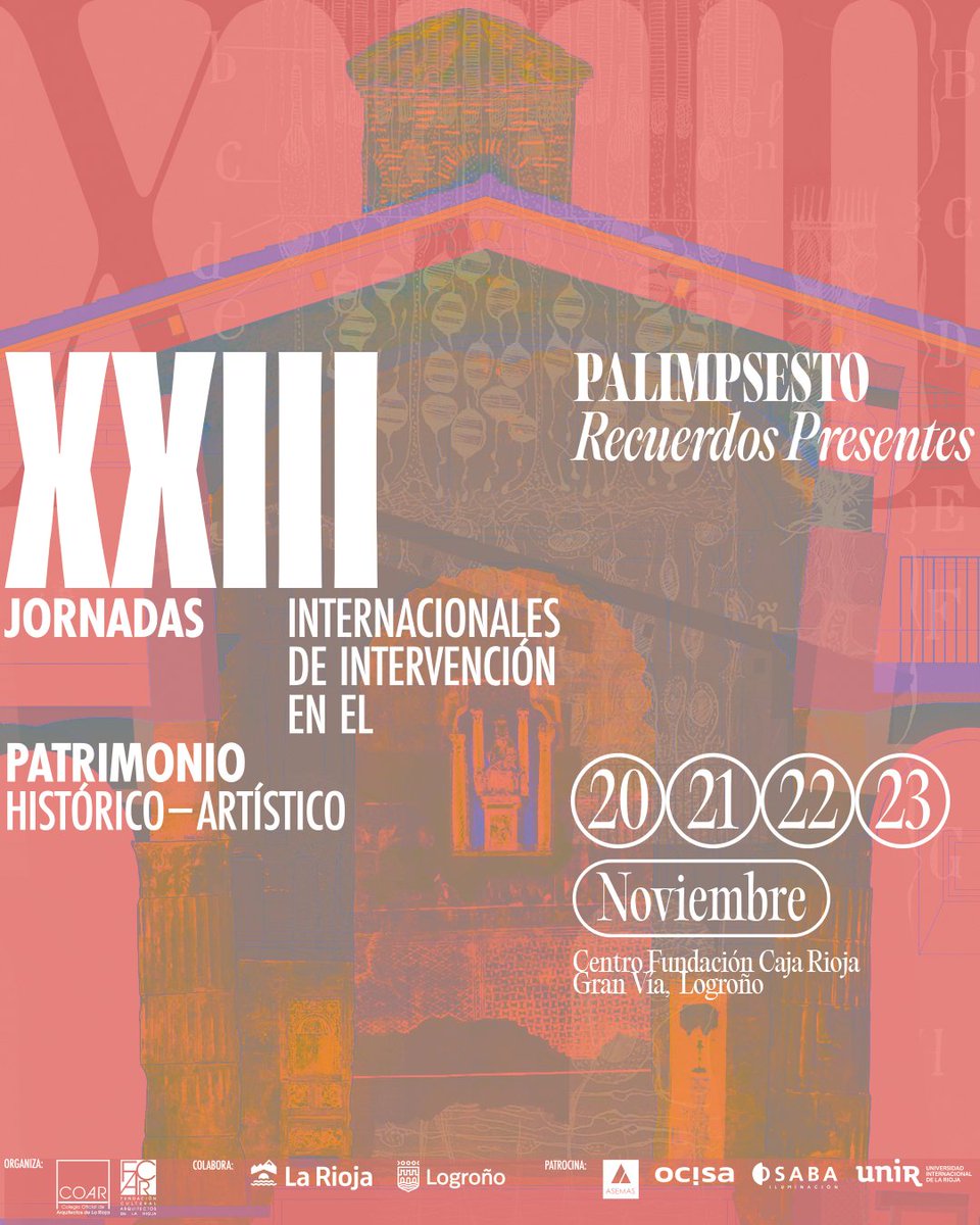 🏛 Del 20 al 23 NOV en Logroño →
 XXIII Jornadas Internacionales de Intervención en el Patrimonio H-A
✴️ “Palimpsesto. Recuerdos presentes”

14 ponencias con 19 miradas

Gracias a <a href="/ArchDaily_es/">ArchDaily en Español</a> por 🔗 archdaily.cl/cl/1035527/xxi…
#Arquitectura #Patrimonio #JornadasPatrimonio25