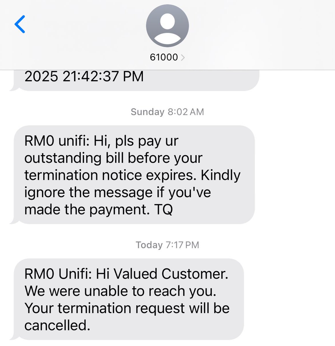 afiann's tweet photo. What is this behavior ya @unifi I didn’t received any call at all suddenly got this message. It turns out ramai dah terkena macam ni ya konon customer tak angkat call padahal tak ada call masuk langsung!!! Sengaja nak drag nak suruh customer bayar lagi ke? Sick! https://t.co/AxLT8eKjsd