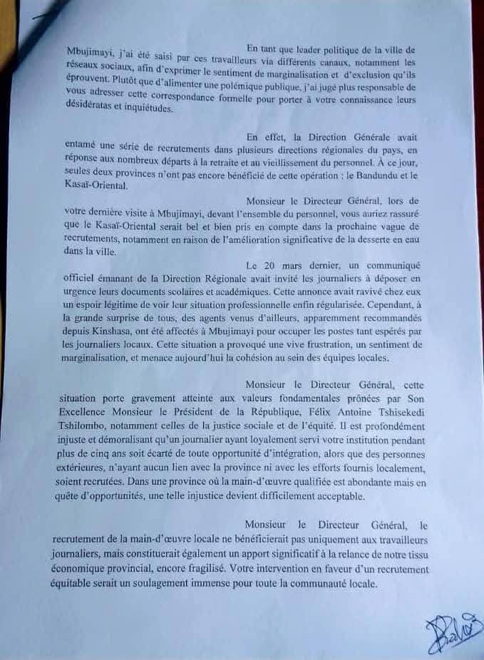 dieuleveutkala2's tweet photo. Dans le souci de défendre la justice sociale, l’équité et le droit au travail pour tous, que le leader politique @NtambuaAlix a saisi la Présidence RDC et la Primature, au sujet d’une injustice constatée dans le processus de recrutement des agents à la REGIDESO/ Kasaï Oriental. https://t.co/i7iC6fIpQM