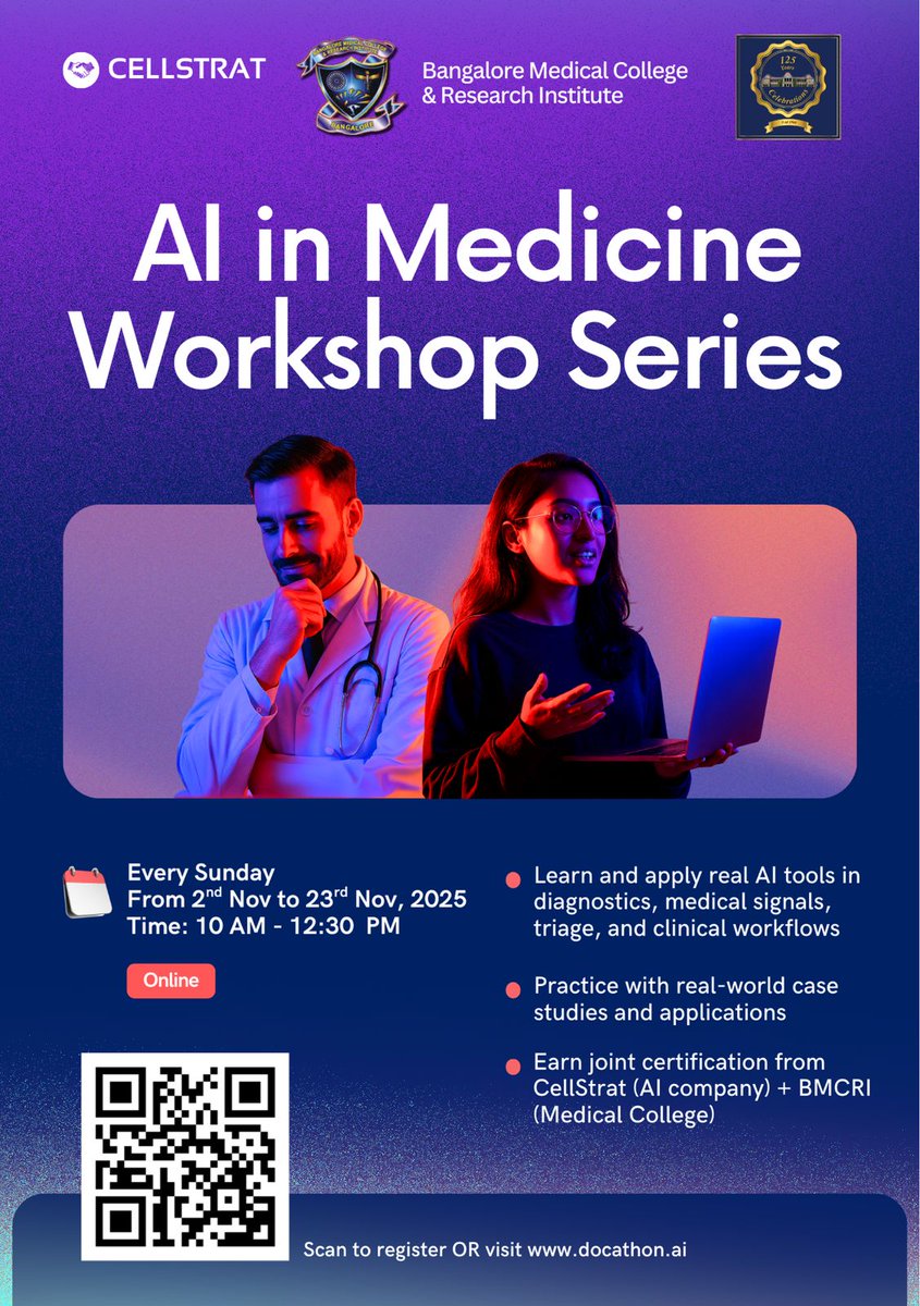 Riteesh7's tweet photo. 👩‍⚕️🤖 Doctors, want to learn AI from scratch?
Join our 4-week AI workshop made just for doctors!

🗓 Sundays | ⏰ 10:00 AM–12:30 PM
No coding needed — just curiosity.

👉 Check it out &amp; reserve your spot!

#AI #Healthcare #Doctors #MedTech #AIinMedicine https://t.co/AA4odVXz41