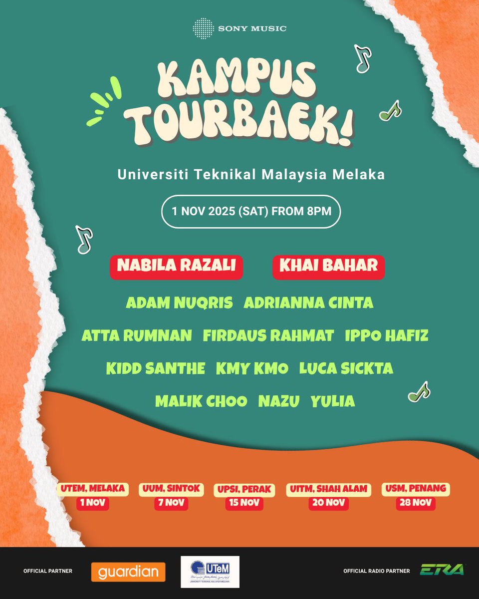 SonyMusicMY's tweet photo. Kampus TourBaek is back! 

Catch Nabila Razali, Khai Bahar, Adrianna Cinta, Kidd Santhe, Kmy Kmo &amp; more LIVE at UTeM, Melaka.

1 Nov 2025 | 8PM https://t.co/vtD54V5BCX