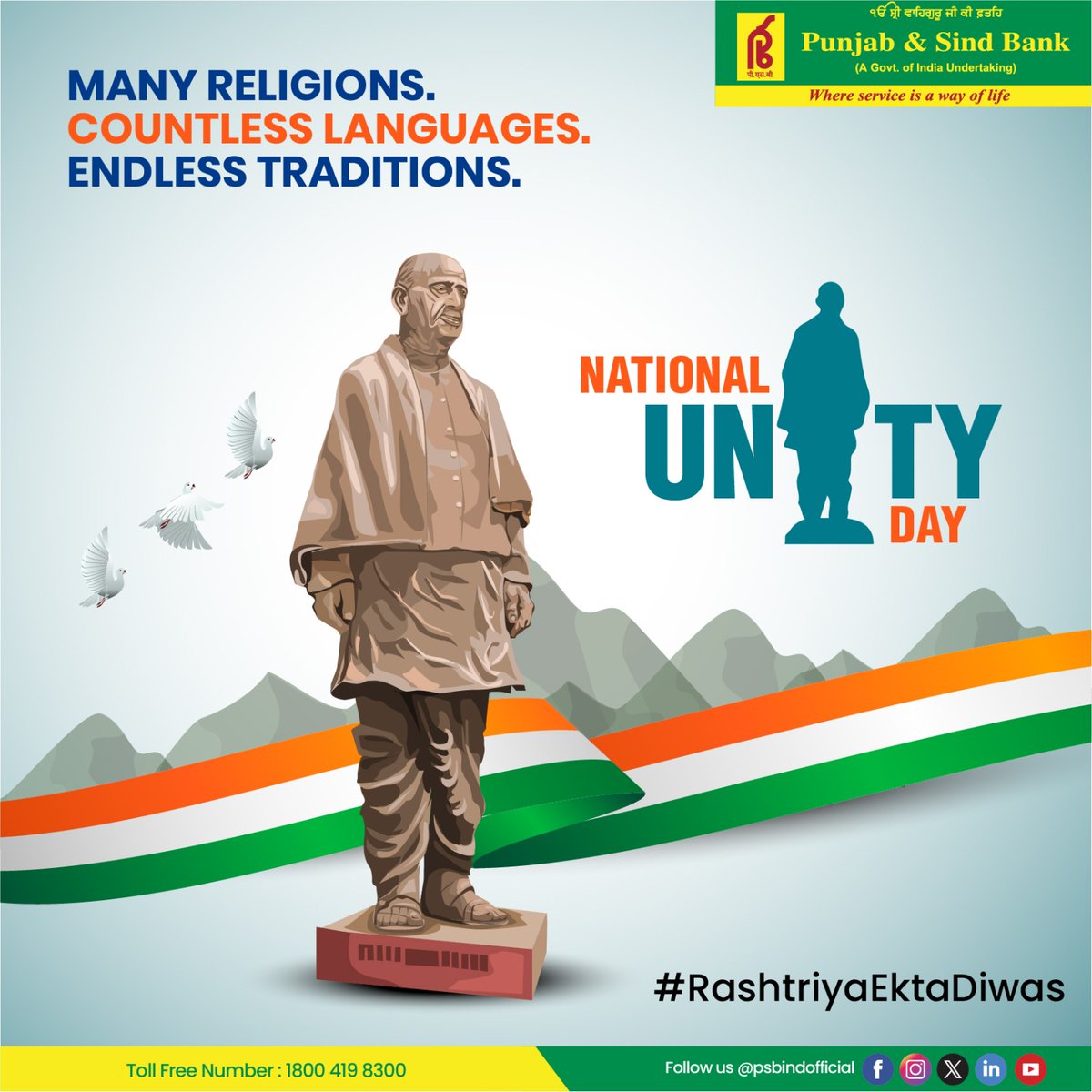 PSBIndOfficial's tweet photo. Divided by languages, united by spirit — that’s the strength of our India. 🇮🇳
Honouring the Iron Man of India on National Unity Day! 

#punjabandsindbank 
#RashtriyaEktaDiwas #SardarVallabhbhaiPatel
#UnityDay #Unity #whereserviceisawayoflife https://t.co/e2CFjrCcpK
