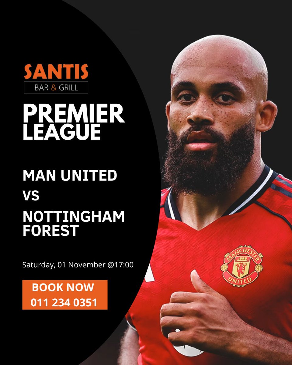SantisBarGrill's tweet image. ⚽🔴Man United vs Nottingham Forest🌳⚽
Saturday 1 Nov @ 17:00 — United face Forest in a Saturday showdown!🔥Enjoy the match at Santis with great food🍖🍔and beers🍺.
📍Bookings essential – call📞011 234 0351
#PremierLeague #SantisBarAndGrill #webchanges #santiswebchanges