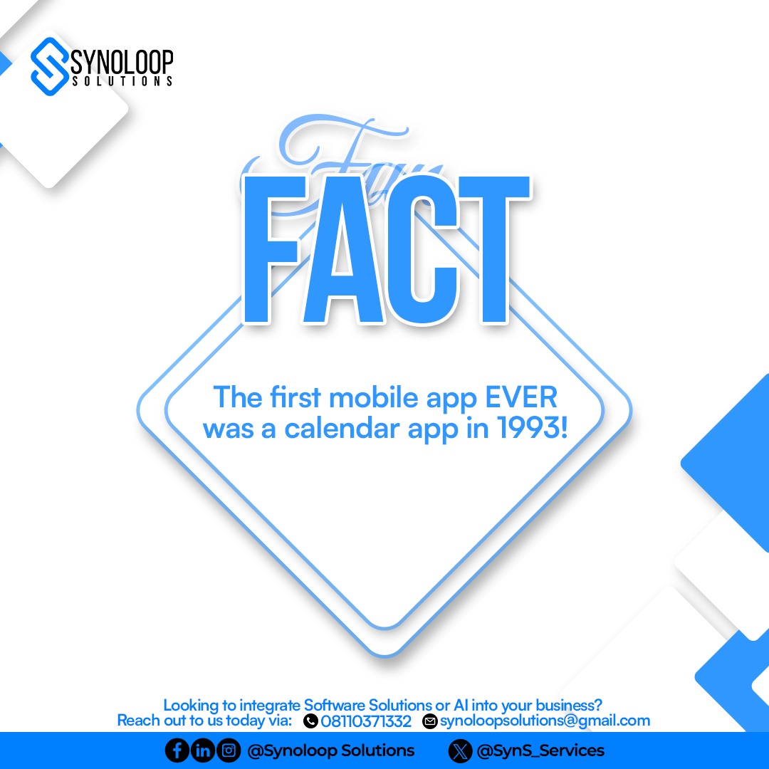 SynS_services's tweet image. The first mobile app ever was… a calendar app in 1993. 📅📲

Productivity really walked so Candy Crush could run 😅

#TechFacts #Innovation #SynoloopSolutions
 #DidYouKnow #AppDevelopment  #MobileApps #Innovation #TechLife #DigitalWorld #FunFactFriday #TechTrivia