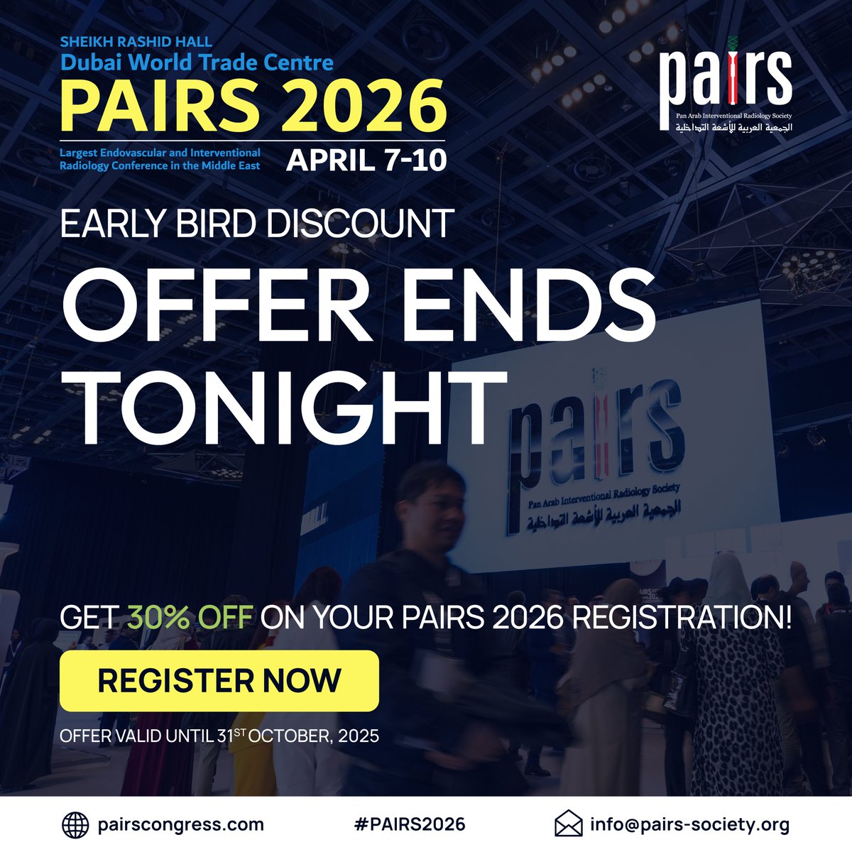 🔥This is the Final Day to Save 30%!
Today’s your last chance to register for #PAIRS2026 with a 30% discount! 

🐦Use code EARLYBIRD30 at checkout
⏰Offer ends tonight – 31 October 2025 (23:59 GMT+4)

🔗Register: pairscongress.com/register/

#EarlyBirdOffer #MedicalConference