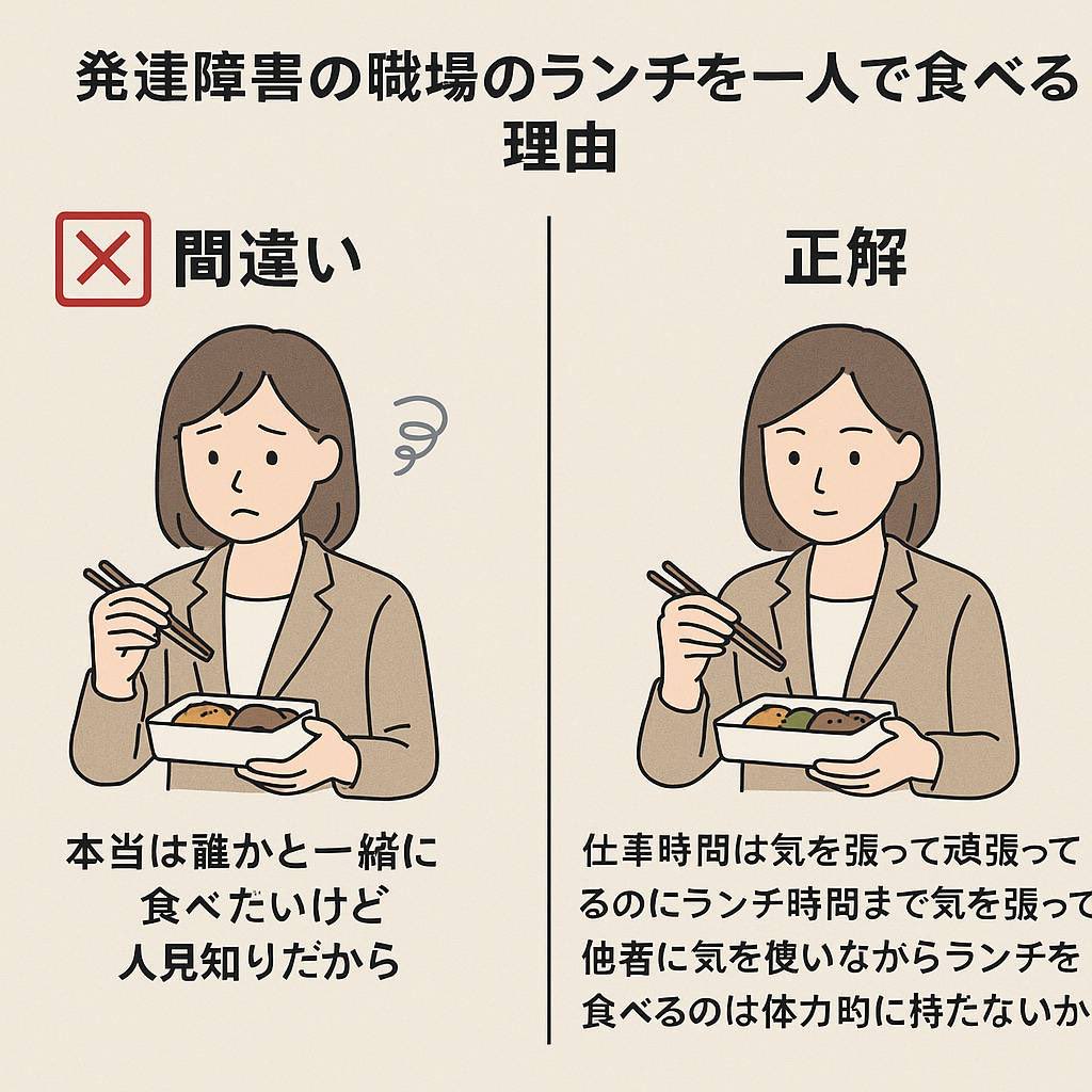 発達障害あるある
『職場でのランチは一人で食べたい』

その「理由」は

✕
本当は誰かと一緒に食べたいけど人見知りで声をかけられないから

◯
仕事時間は気を張って頑張ってるのにランチ時間まで気を張って他者に気を使いながらランチを食べるのは体力的に持たないから