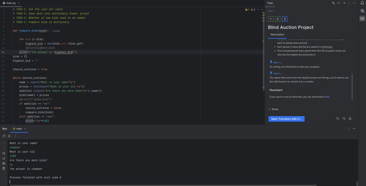 spoonfulOfPixel's tweet image. Day 9 of #100DaysOfCode : a blind auction project.
Essentially you input your name and bids, the data is then stored in a dictionary and the code checks which bidder had the highest bid and announces them the winner :D