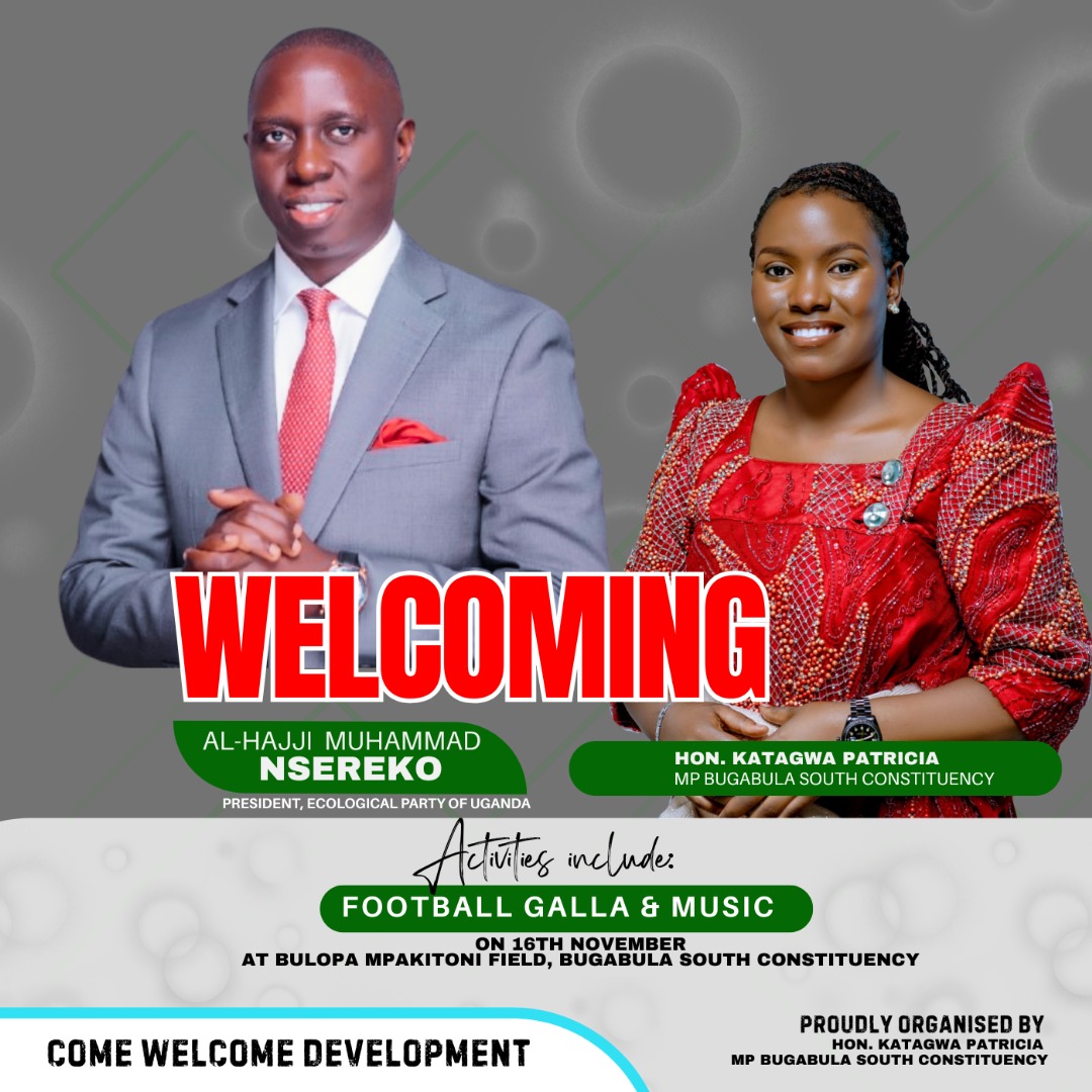 Kunga Namwendwa, kunga Bulopa, kunga Butansi and kunga Kitayunjwa, on 16th November let's all go and support our own Hon katagwa Patricia mp Bugabula South. (A five sub county football galla) at Bulopa mpakitoni play grounds. Guest of honor is Hon Muhammad nsereko.