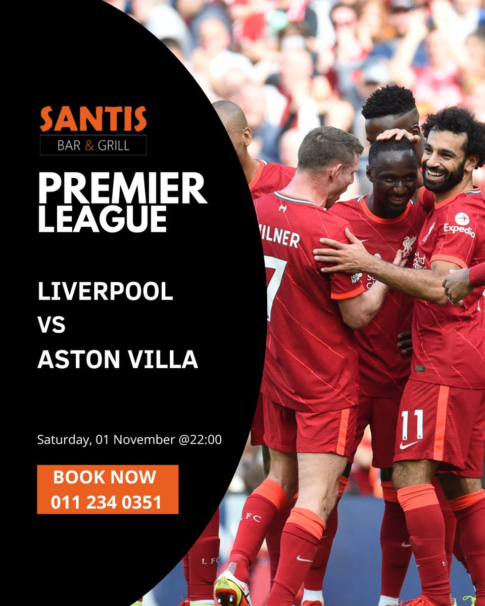 SantisBarGrill's tweet image. ⚽🔴Liverpool vs Aston Villa⚽
Saturday 1 Nov @ 22:00 — Late-night football with Liverpool taking on Villa🔥⚽! Grab your spot at Santis for cold beers🍺, hearty meals🍔, and all the Premier League vibes!
📍Bookings essential – call📞011 234 0351
#SantisBarAndGrill #webchanges