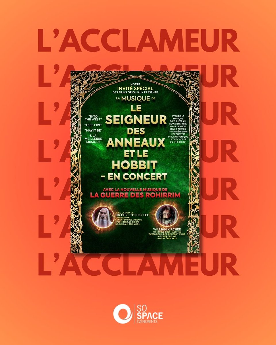 Le Seigneur des Anneaux &amp; les Hobbits  
📅 Vendredi 7 Novembre​   
⏰ À 20h​

Lors d'un concert avec un orchestre, un chœur et des invités vedettes, la voix sombre de l'acteur "Saroumane" Sir Christopher Lee vous introduit dans l'univers musical de J.R.R. Tolkien !