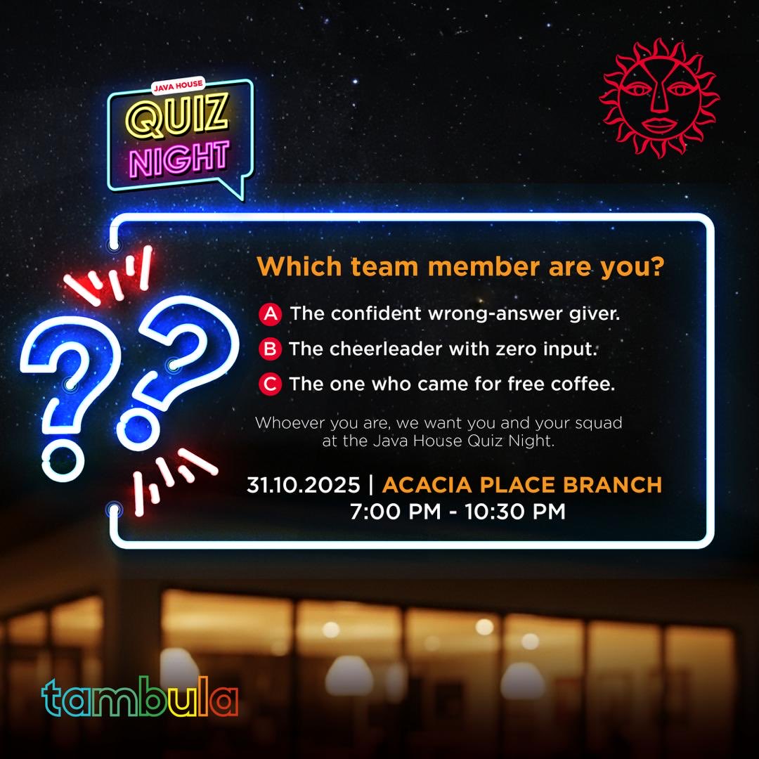 JavaHouseUG's tweet image. Which one are you tonight?
The confident answer giver, the cheerleader, or the one just here for coffee? ☕
Whichever you are, Java Quiz Night’s calling don’t miss the fun.
Tap to register👉🏿play.tambulamedia.com/register/sessi…
#MadeWithLove