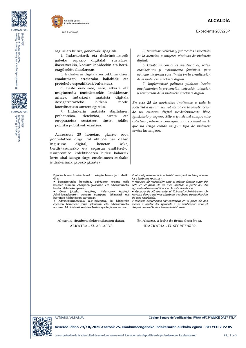 🟣A25: EMAKUMEENGANAKO INDARKERIAREN AURKAKO EGUNA
👉Aste honetako Udalbatzan aho batez akordio hau onartu da:
🟣25N: DÍA CONTRA LA VIOLENCIA HACIA LAS MUJERES
👉 En el Pleno de esta semana se ha aprobado por unanimidad el siguiente acuerdo:
<a href="/JavierOlloMartn/">Javi Ollo Martínez</a> <a href="/EHBilduAltsasu/">EH Bildu Altsasu</a>