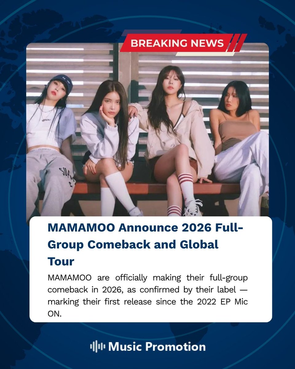 MPCInsights's tweet photo. MAMAMOO Announce Full-Group Comeback and 2026 World Tour
#MAMAMOO #MAMAMOO2026 #MAMAMOOComeback #MAMAMOOWorldTour #RBWEntertainment #KpopNews #KpopComeback #MicON #Solar #Moonbyul #Wheein #Hwasa #KpopGroup #MAMAMOOFans #Moomoo #KpopUpdates https://t.co/SfavnuvlM3
