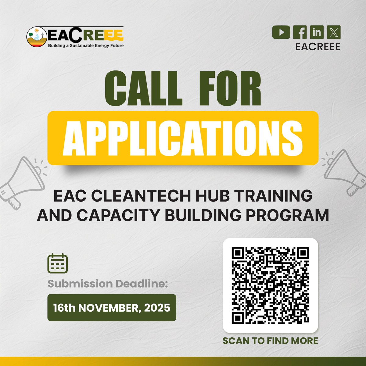 CALL FOR APPLICATIONS

Are you a Startup deploying RE or EE solutions? Submit your online application for EAC Cleantech Hub Training &amp; Capacity Building Program. 
Find More: eacreee.org/procnotice/cal…