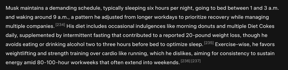 It is quite funny that Elon Musk made an LLM attempt to generate a wikipedia clone because his wikipedia page didn't mention his weight loss and strength training