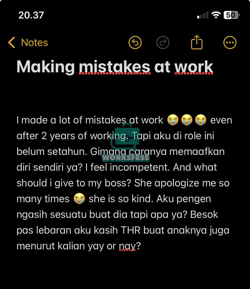 worksfess's tweet photo. Work! 

Tbh i feel incompetent and stupid :( orang lain jg bikin salah, tp klo giliran aku yg salah aku merasa tdk bs memaafkan diri sendiri :(

Selain memperbaiki diri, apa yg harus aku kasih ke atasanku ya? Rencana mau aku kasih as hampers lebaran https://t.co/GqQsDvScmv