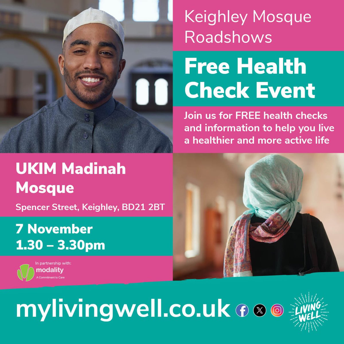 AwcModality's tweet image. Free Living Well Event in Keighley!
Find out about free services to help you live a healthier life!
UKIM Madinah Mosque. Spencer St, Keighley BD21 2BT
7 Nov 1.30-3.30pm
Blood pressure/stop smoking/eating well/exercise/vaccinations
@ModalityAWC @MyLivingWell1 @ActAsOneBDC
