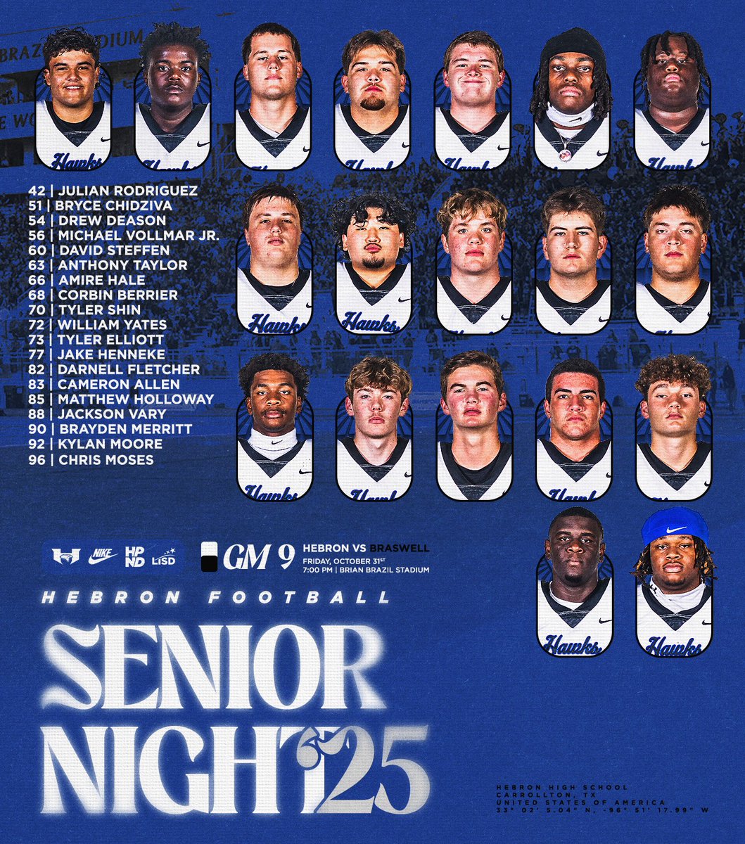 HebronFootball's tweet image. 🖤🩶💙Our 2026 Hebron Football Seniors! 

Get there early tonight and join us as we show love and appreciation to our Senior football players, trainers, and managers! Hawk Pride Never Dies! 

#BTW | #HPND | #BELIEVE