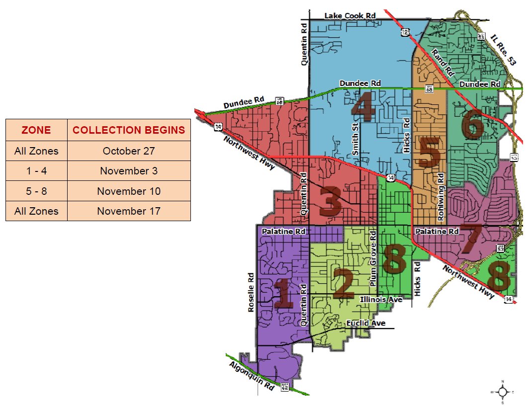 Public Works began its Curbside Leaf Collection Program this week. Each single-family residence has 2 pickups remaining between week of Mon., 11/3, and week of Mon., 11/17. To look up  your remaining collection dates and for collection guidelines, visit palatine.il.us/235/Leaf-Colle….