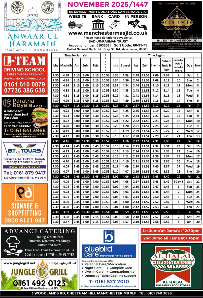 November Salah Timetable 2025/1447
