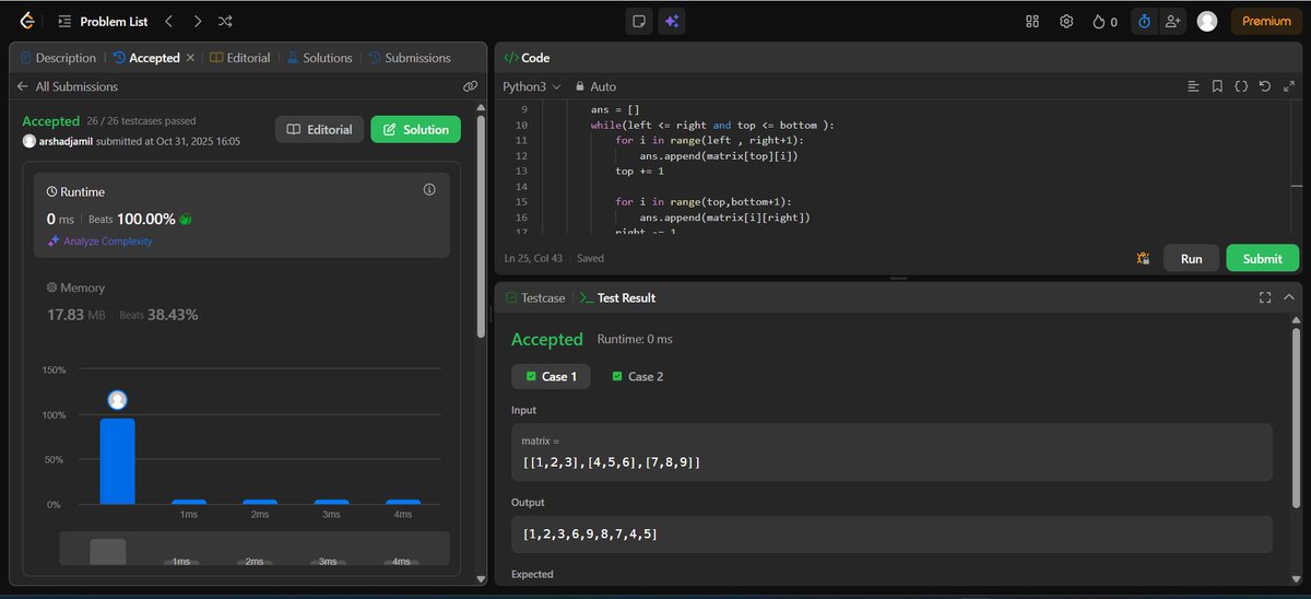 ArshadJamil2003's tweet image. Day 8 of DSA 🚀
Focused on traversal &amp;amp; prefix-sum logic today 👇
➡ Spiral Matrix Traversal
➡ Count Subarrays with Given Sum

Patterns are starting to click 🔥
#Day8ofDSA #StriverA2ZDSA #DSA #CodingJourney #Consistency