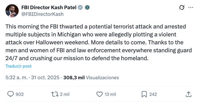 Graphic image featuring FBI Director Kash Patel in a suit with an American flag background text overlay stating FBI Director Kash thwarted a potential terrorist attack and arrested multiple subjects in Michigan who were allegedly plotting a violent attack on FBI and law enforcement everywhere Thank you to the 24/7 crushing our mission to defend the homeland standing guard.