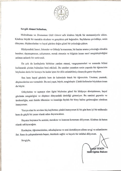 First image shows a group of adults in formal attire including men in suits and women in modest clothing standing around a young boy in a green uniform holding a letter in a classroom with Turkish flags posters and a whiteboard. Second image depicts a classroom full of young students in green uniforms sitting at desks with gifts and bags some holding items while several adults in suits stand at the front near a green board with decorations and Ataturk portrait. Third image features a large group of adults in business attire both men and women posing in front of a school building entrance with a sign reading ehit Mehmetik İlkokulu and colorful flags. Fourth image is a formal Turkish letter on official paper with seals signatures and text about education ministry activities.