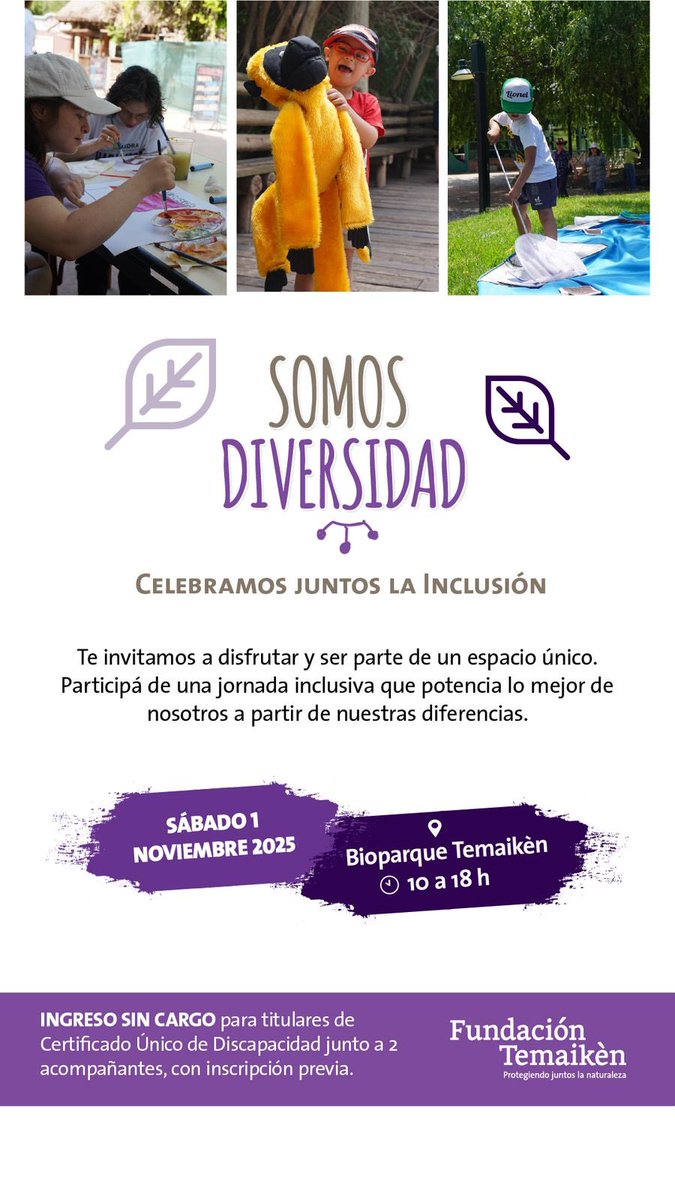Como todos los años TEMAIKEN celebra Somos Diversidad, una jornada donde todas las personas con CUD + 2 acompañantes ingresan gratis a disfrutar de todas las actividades inclusivas. Se inscriben acá …ipcionsomosdiversidad.temaiken.org.ar  Gracias <a href="/Temaiken/">Fundación Temaikèn</a> siempre con propuestas y empatía!