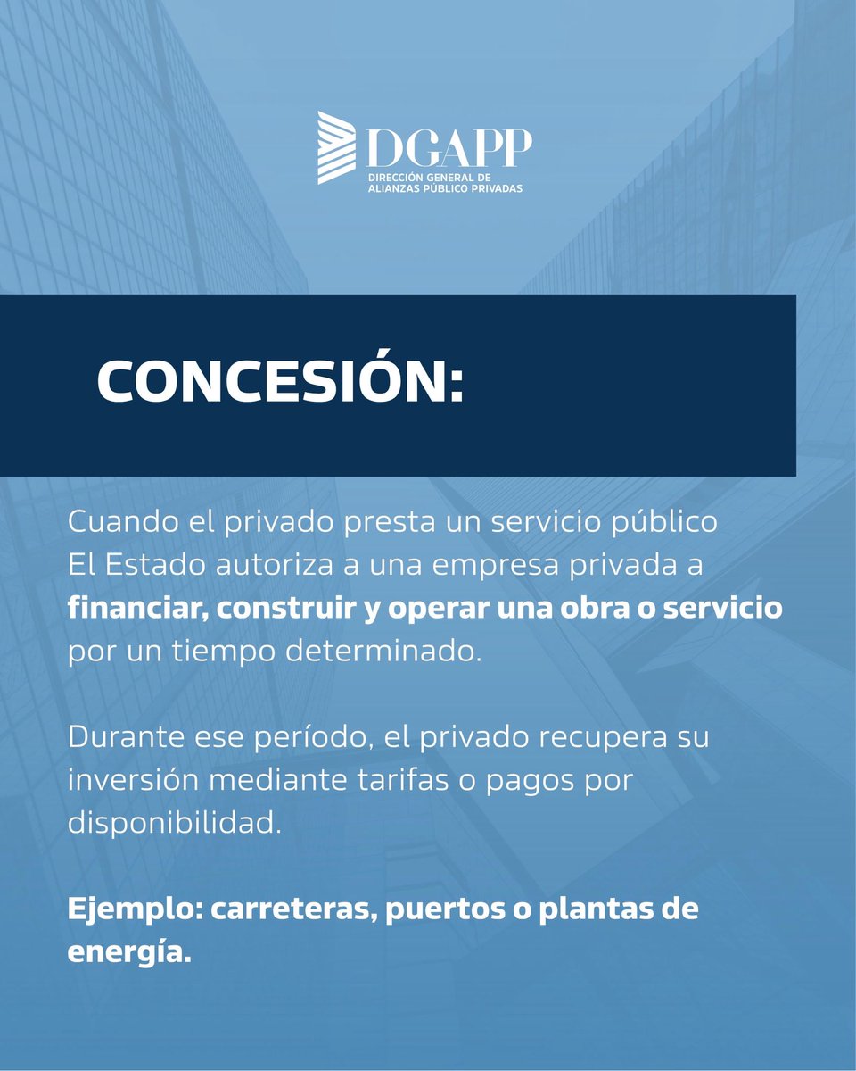DGAPPRD's tweet image. Para entender cómo funcionan, hay palabras que debes conocer:
🔹 Concesión: el privado construye y gestiona por un tiempo.🔹 Riesgo: se comparte según quién puede gestionarlo mejor.🔹 Rentabilidad: el proyecto debe beneficiar tanto al país como al inversor.