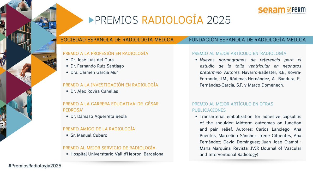 🏆 Conoce a todos los galardonados en los #PremiosRadiología2025

La entrega de premios se celebrará el 7 de noviembre, durante el acto del #IDoR2025, en la Real Academia Nacional de Medicina de España

¡Enhorabuena a todos los premiados por su contribución al avance de la