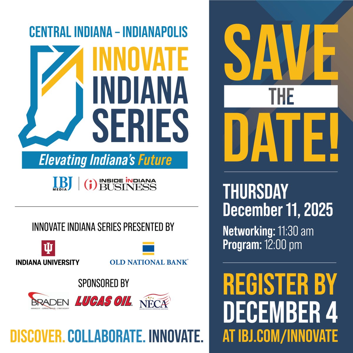 It’s the final stop in our year-long Innovate Indiana Series! Join us in Indianapolis on December 11 for Innovate Central Indiana—a deep dive into the region’s future with state and local leaders.

Reserve your seat or a table for ten by December 4 at ibj.com/events/2025/in….
