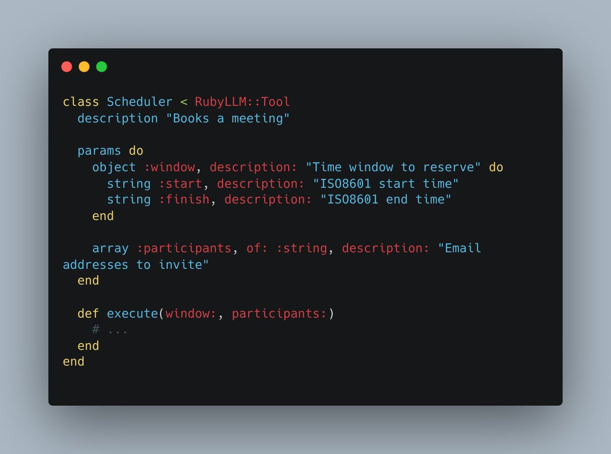 paolino's tweet image. Tools just got a major upgrade in RubyLLM.

I just committed a new params DSL that supports full JSON Schema via RubyLLM::Schema.

rubyllm.com/tools/#params-…