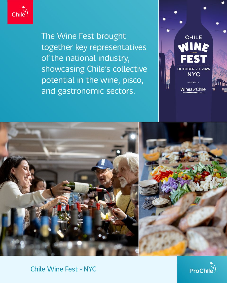 prochile_us's tweet photo. 🌎✨ Chile Wine Fest 2025 shone in New York with Wines of Chile NA and ProChile. Wine, pisco, and food producers connected with U.S. industry leaders, while Chef Ignacia Valdés presented a menu showcasing Chile.

#ProChile #ProChileUSA #ChileWineFest2025 https://t.co/hhzjhViN3I