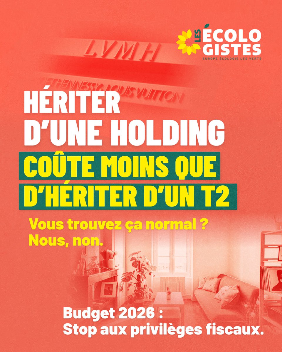 Hériter d’une holding peut coûter moins cher qu’hériter d’un simple T2.
Vous trouvez ça normal ? 
Nous non.

Avec le #Budget2026, les Écologistes veulent réformer le pacte Dutreil, taxer les héritages dorés et faire enfin payer leur juste part aux ultra-riches avec la taxe