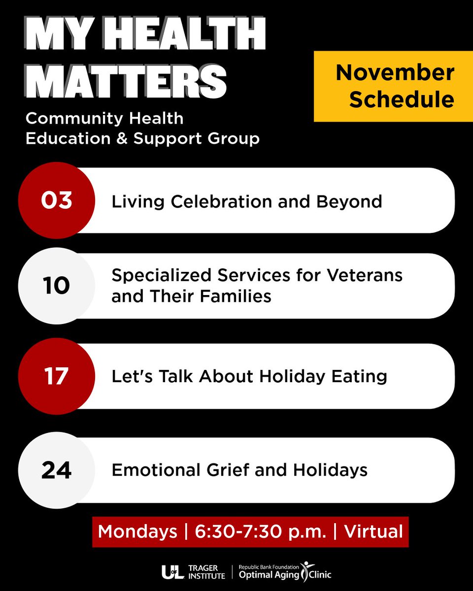 We're diving into the holidays with My Health Matters this November! Join this weekly community health education and support group every Monday, 6:30–7:30 p.m. via Zoom. No registration required. Access the meeting at this link: loom.ly/n7XeBa0