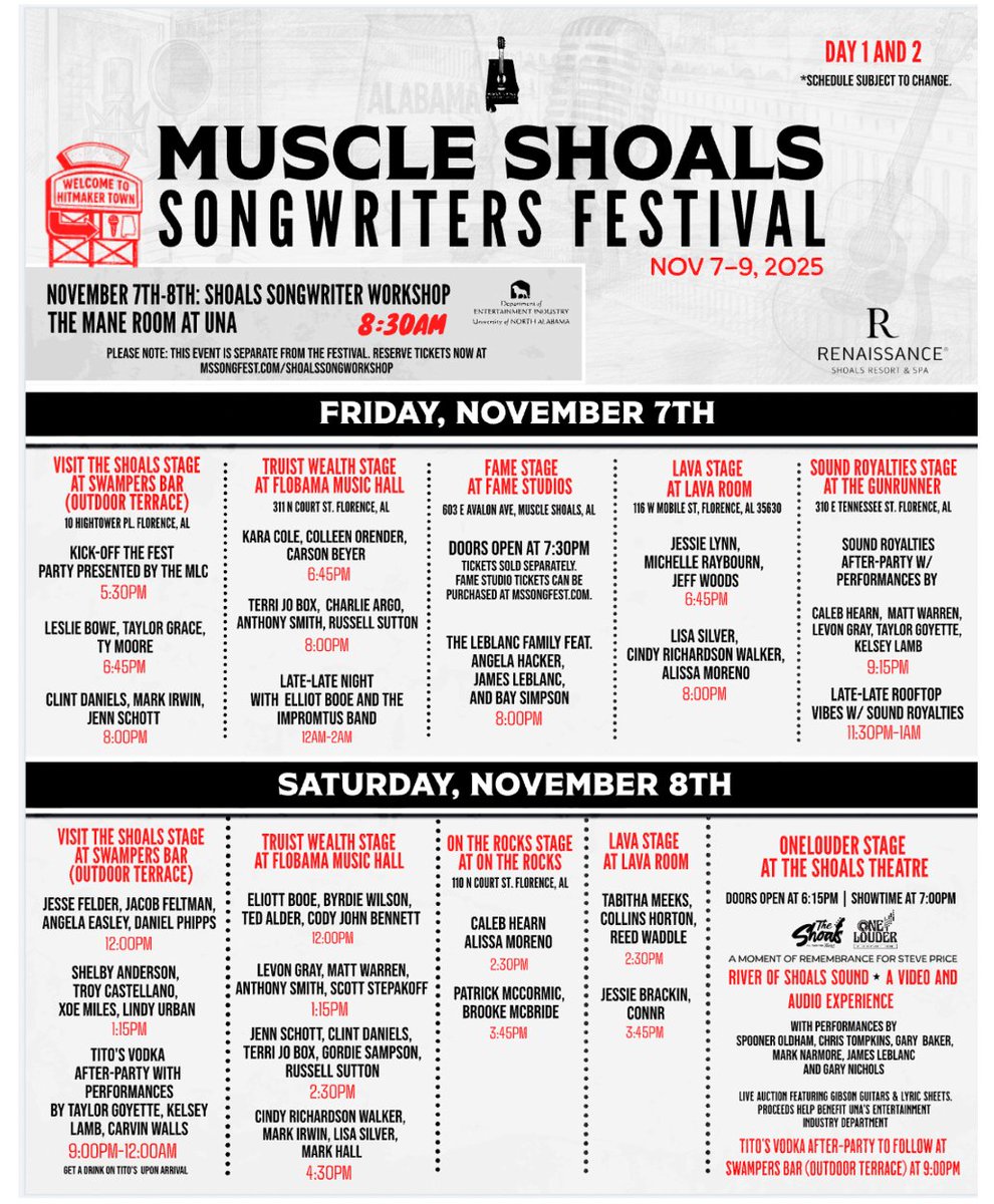🎶 ONE WEEK AWAY! 🎶

We’re counting down the days to the Muscle Shoals Songwriters Festival 2025 — and you don’t want to miss this!

🔥 Catch Jessie Lynn® LIVE
📍 The Lava Room –  🗺️116 W. Mobile St. Florence, AL. 35630
🗓️ Friday Night, November 7, 2025 at 6:45 p.m. 🕕

Known as