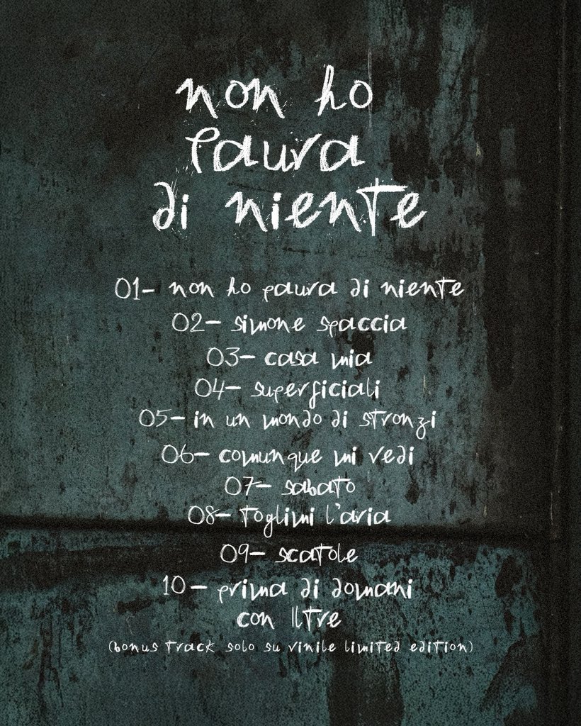 Ecco la tracklist di NON HO PAURA DI NIENTE.
Io questi brani li conosco già molto bene, voi per ora potete solo immaginare i suoni e le parole dietro ognuno di questi titoli.
Ancora due settimane e poi l’album inizierà la sua vita.