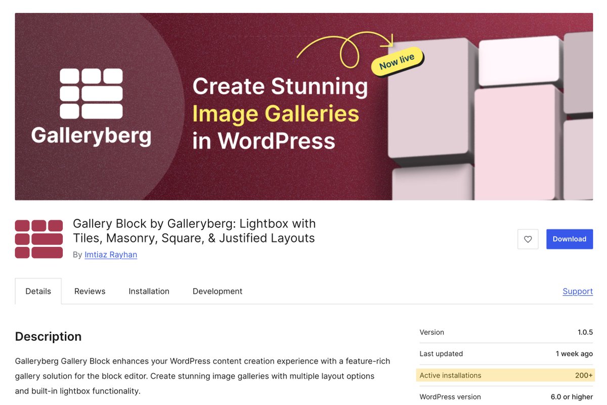 We’ve just crossed 200+ active installs on WordPress.org 

A huge thanks to everyone who supported us ❤️

We’re now working on the Pro version — coming very soon! 👀

wordpress.org/plugins/galler…

#Galleryberg #WordPress #Gutenberg #Milestone