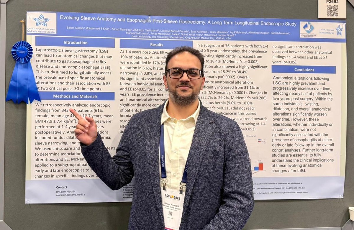 #ورقة_علمية | ✨

#مدينة_الملك_عبدالله_الطبية، ممثلةً في مركز الجهاز الهضمي والكبد والمناظير المتقدمة

 تشارك بـ 3 أوراق علمية متخصصة في مؤتمر عالمي بالولايات المتحدة الأمريكية.

 محققةً 3 جوائز دولية بينها جائزة أفضل بحث علمي (Presidential Award)، إضافةً إلى جائزتي أفضل عرض علمي