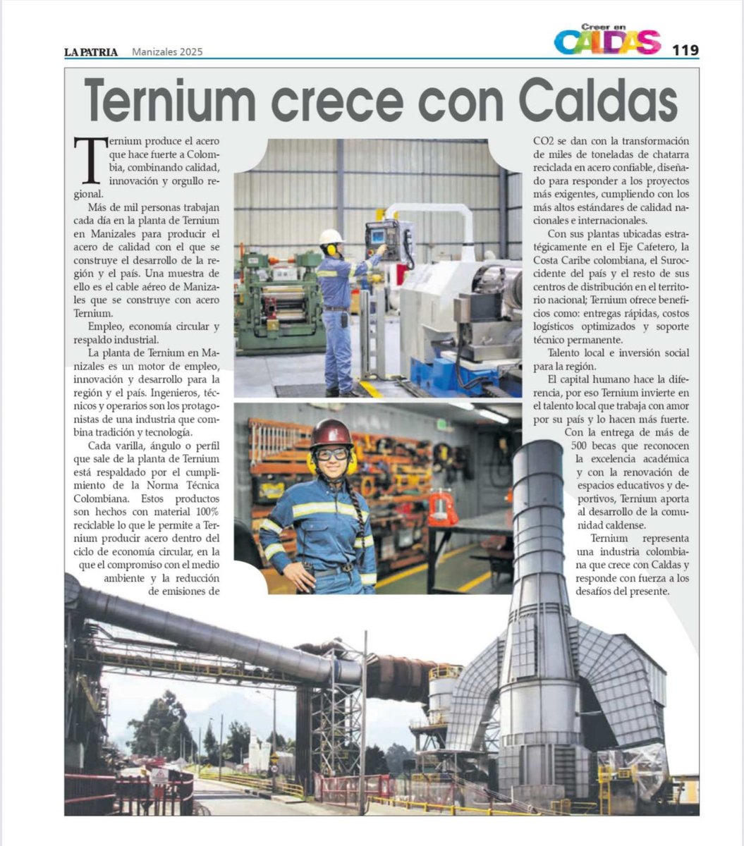 En <a href="/Ternium/">Ternium</a> nos llena de orgullo este reportaje de <a href="/lapatriacom/">Periódico LA PATRIA</a> sobre nuestra planta en Manizales. Siempre hemos dicho que somos una empresa Multi-Regional. ¡Porque donde estamos echamos raíces y somos parte activa del desarrollo de la región! Gracias por destacarlo.